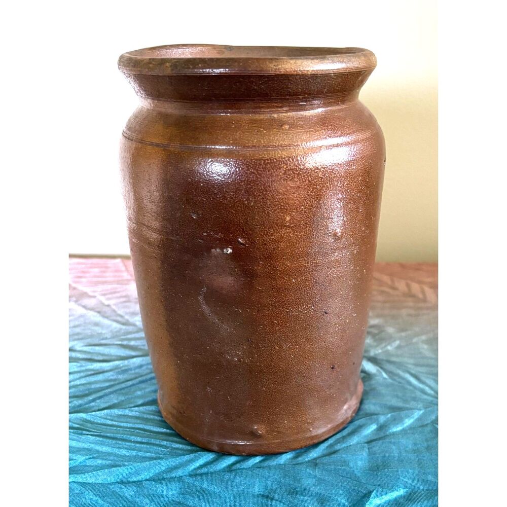 Antique Stoneware Crock Jar Brown Salt Glaze Pottery Vase Hand Thrown Rustic 8”